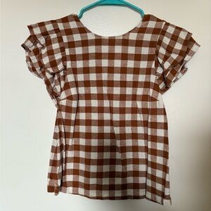 Brown checkered flutter sleeve top linen blend